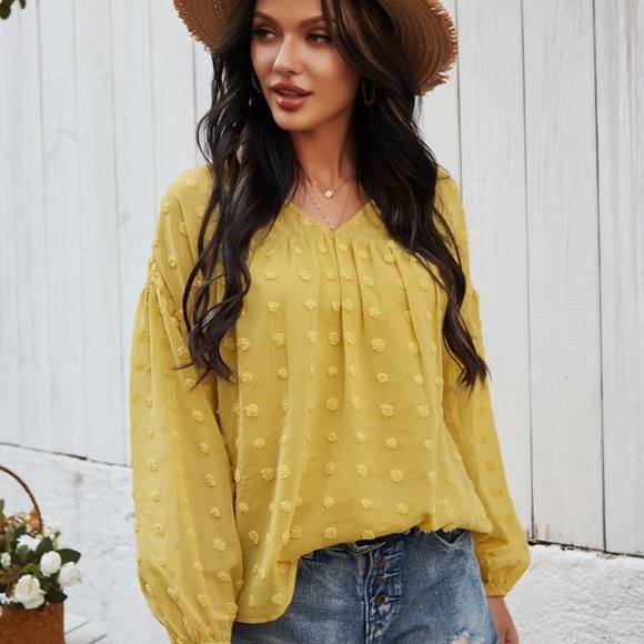 v neck mustard spring dot top bishop sleeve boho - Picture 4 of 4